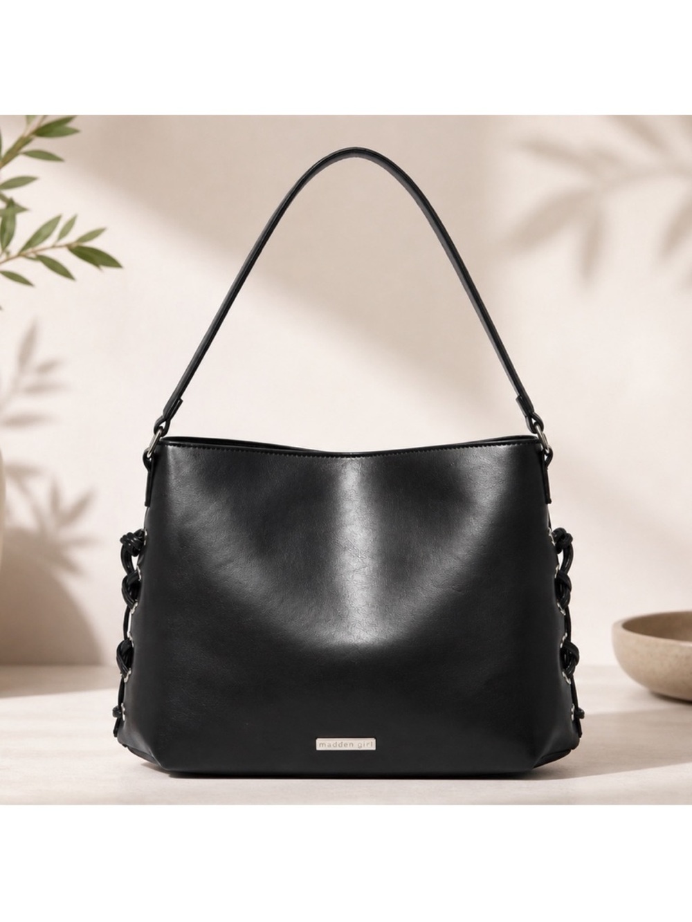 Madden Girl Black Leather Shoulder Bag With Whip Stitching